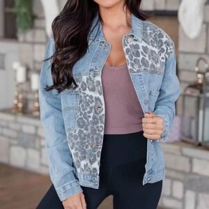 Blue B Collection Jean Jacket Women Small Animal Print Color Block Denim Western